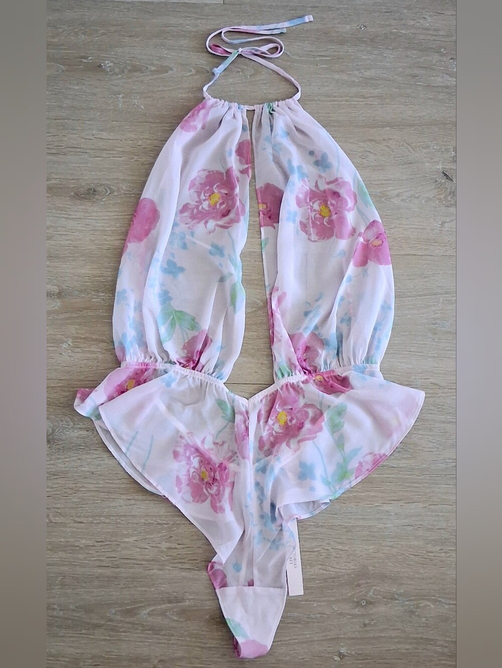 Victoria's Secret Peany Shiffon Halter Teddy Soft Floral Size L - Picture 2 of 2